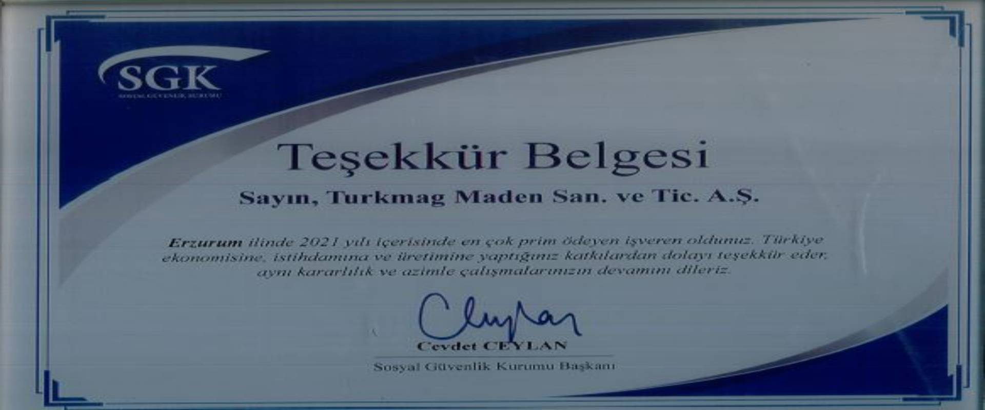 Sosyal Güvenlik Kurumu (SGK) Teşekkür Belgesi - TurkMag